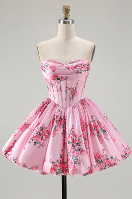 Pink Sweetheart Floral Corset Short Homecoming Dress