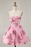 White Blue Floral Sweetheart Corset Short Homecoming Dress