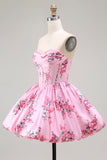 Pink Sweetheart Floral Corset Short Homecoming Dress