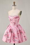 White Blue Floral Sweetheart Corset Short Homecoming Dress