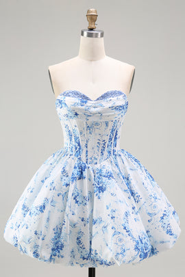 White Blue Floral Sweetheart Corset Short Homecoming Dress
