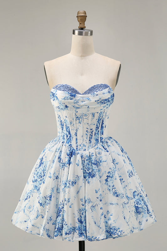 White Blue Floral Sweetheart Corset Short Homecoming Dress