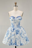 White Blue Floral Sweetheart Corset Short Homecoming Dress