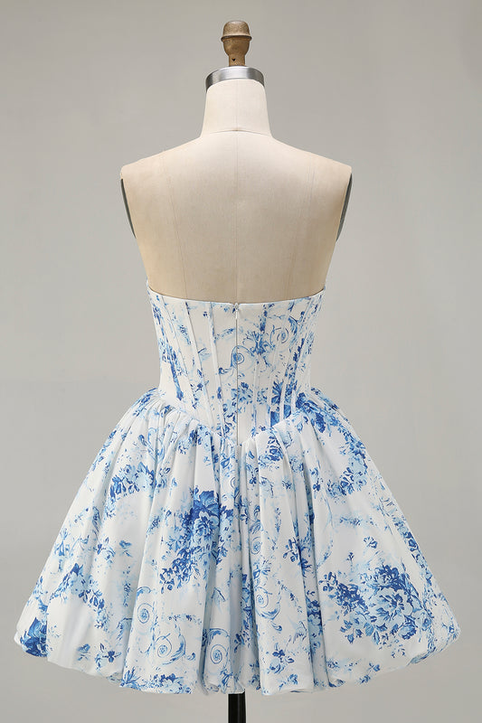 White Blue Floral Sweetheart Corset Short Homecoming Dress