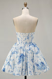 White Blue Floral Sweetheart Corset Short Homecoming Dress