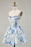 White Blue Floral Sweetheart Corset Short Homecoming Dress