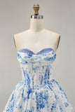 White Blue Floral Sweetheart Corset Short Homecoming Dress
