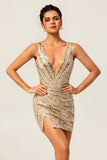 Sparkly Golden V-Neck Beaded Tight Short Homecoming Dress