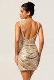Sparkly Golden V-Neck Beaded Tight Short Homecoming Dress