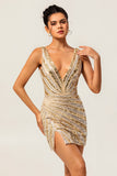 Sparkly Golden Tight Deep V-Neck Short Homecoming Dress with Beading