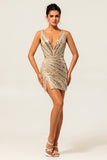Sparkly Golden Tight Deep V-Neck Short Homecoming Dress with Beading