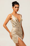 Sparkly Golden Tight Deep V-Neck Short Homecoming Dress with Beading