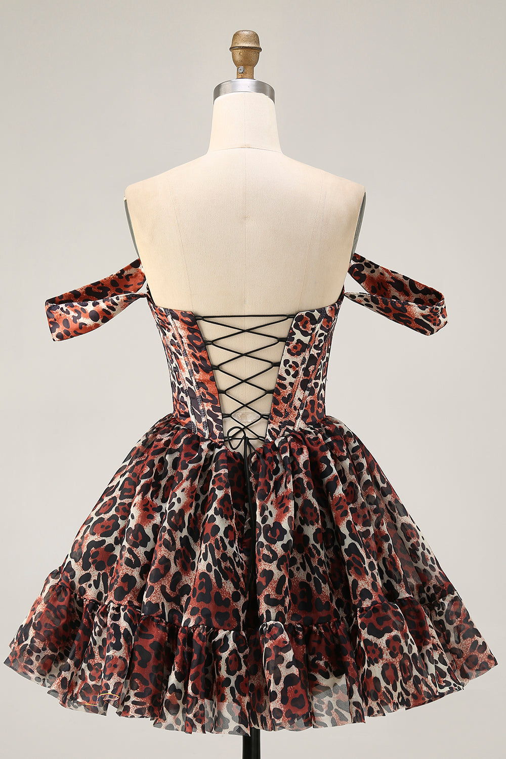 Khaki Cheetah Print Corset Off the Shoulder Short Homecoming Dress
