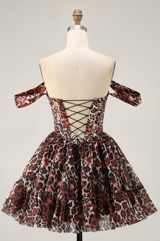 Khaki Cheetah Print Corset Off the Shoulder Short Homecoming Dress
