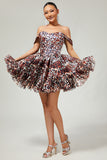 Khaki Cheetah Print Corset Off the Shoulder Short Homecoming Dress