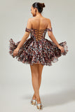 Khaki Cheetah Print Corset Off the Shoulder Short Homecoming Dress