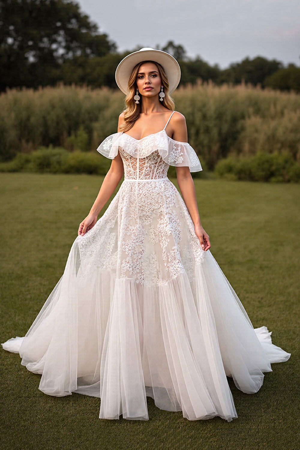 White Lace Corset Boho Sweep Train Western Wedding Dress
