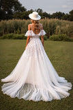 White Lace Corset Boho Sweep Train Western Wedding Dress