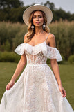 White Lace Corset Boho Sweep Train Western Wedding Dress