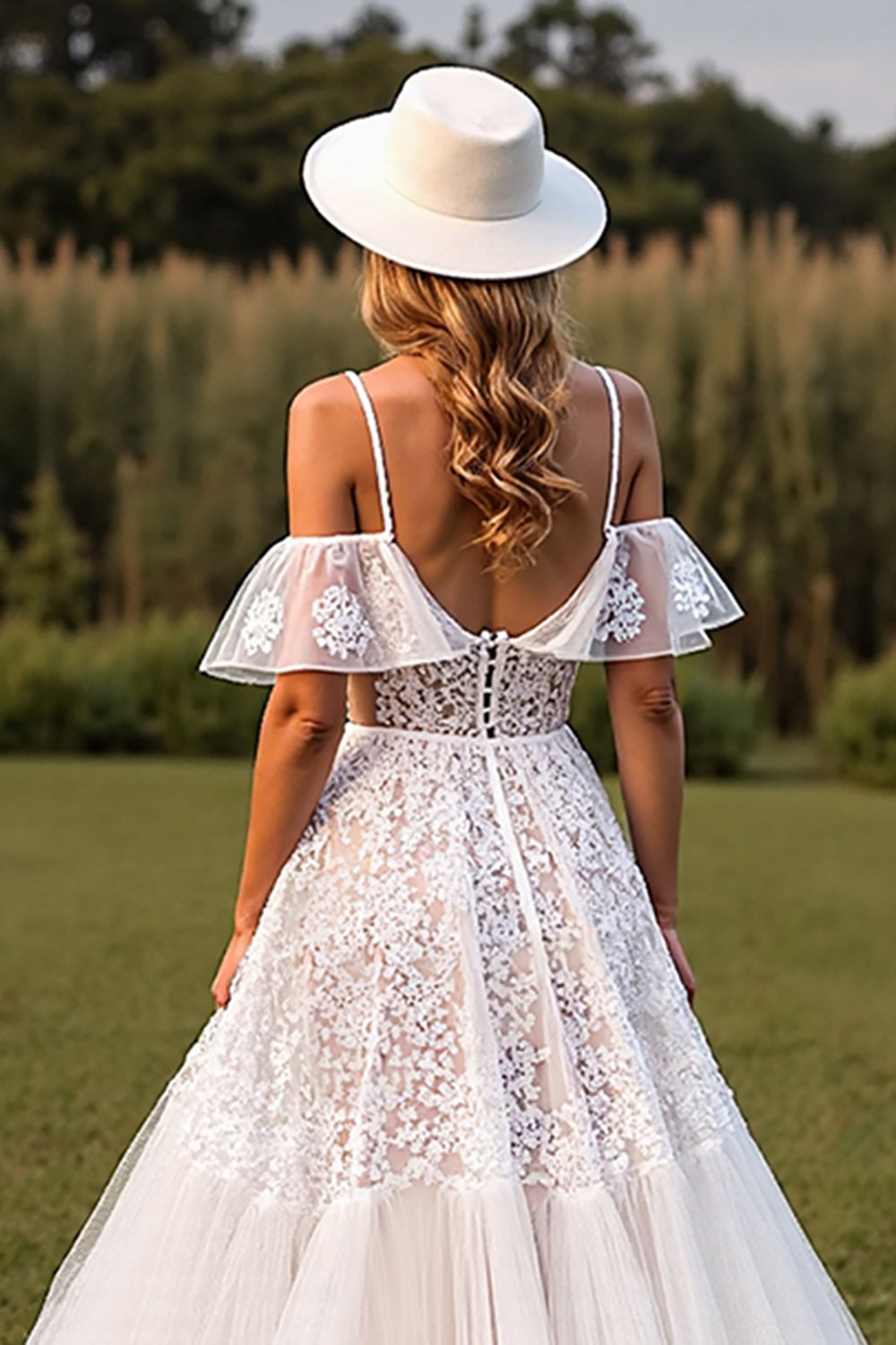 White Lace Corset Boho Sweep Train Western Wedding Dress