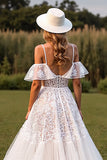 White Lace Corset Boho Sweep Train Western Wedding Dress