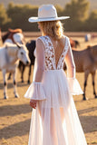 White Long Sleeves Sweep Train Boho Western Wedding Dress with Lace