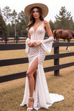 White Lace Mermaid Boho Sweep Train Western Wedding Dress with Sleeves