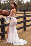 White Lace Mermaid Boho Sweep Train Western Wedding Dress with Sleeves