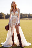 White Lace Long Sleeves Boho Sweep Train Western Wedding Dress with Slit