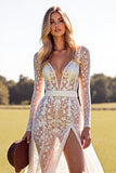 White Lace Long Sleeves Boho Sweep Train Western Wedding Dress with Slit