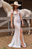 White Short Sleeves Boho Lace Sweep Train Western Wedding Dress with Slit
