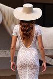 White Short Sleeves Boho Lace Sweep Train Western Wedding Dress with Slit