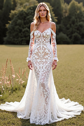 Lace White Mermaid Boho Sweep Train Western Wedding Dress with Sleeves
