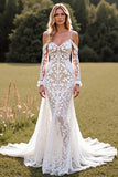 Lace White Mermaid Boho Sweep Train Western Wedding Dress with Sleeves