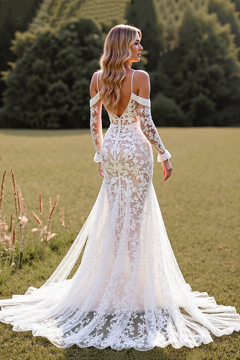 Lace White Mermaid Boho Sweep Train Western Wedding Dress with Sleeves