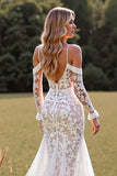 Lace White Mermaid Boho Sweep Train Western Wedding Dress with Sleeves