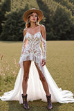 White Lace High-Low Boho Western Wedding Dress with Sleeves