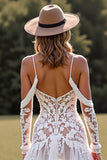 White Lace High-Low Boho Western Wedding Dress with Sleeves