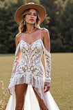 White Lace High-Low Boho Western Wedding Dress with Sleeves