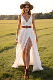 White V-Neck Sweep Train Boho Western Wedding Dress