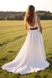 White V-Neck Sweep Train Boho Western Wedding Dress