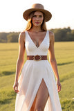 White V-Neck Sweep Train Boho Western Wedding Dress