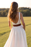 White V-Neck Sweep Train Boho Western Wedding Dress