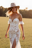 White Boho Lace Sweep Train Western Wedding Dress with Slit