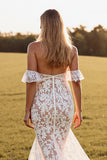 White Boho Lace Sweep Train Western Wedding Dress with Slit
