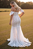 White Boho Lace Mermaid Sweep Train Western Wedding Dress with Slit