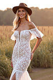 White Boho Lace Mermaid Sweep Train Western Wedding Dress with Slit