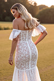 White Boho Lace Mermaid Sweep Train Western Wedding Dress with Slit
