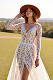 White Lace Corset Long Sleeves Boho Western Wedding Dress with Slit