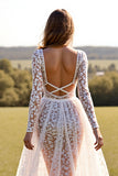 White Lace Corset Long Sleeves Boho Western Wedding Dress with Slit